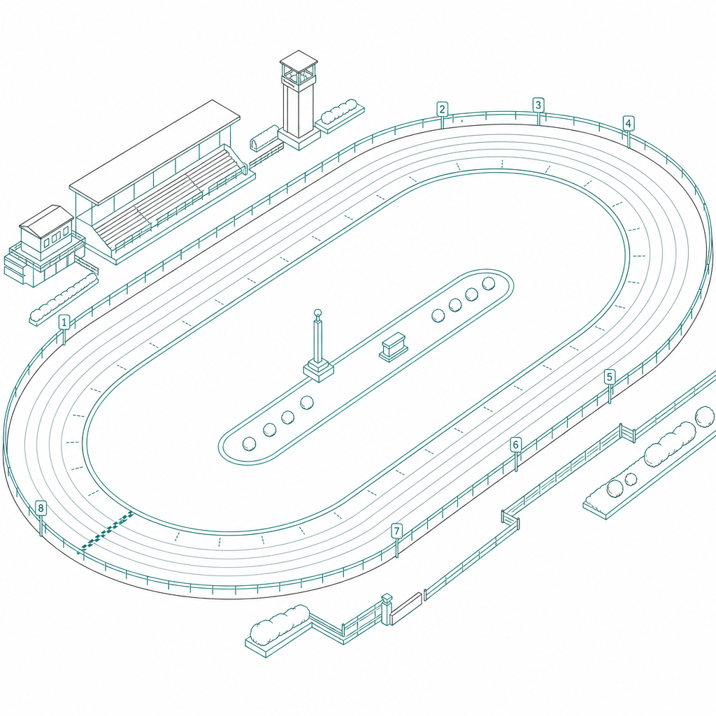 Plan isométrique d'un hippodrome, tracé au trait